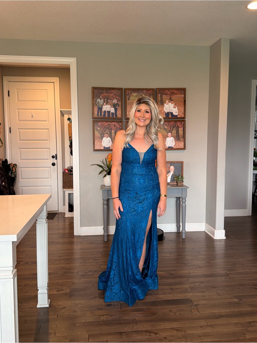 Sherri Hill Teal Blue Sequined Prom Gown with Thigh Slit